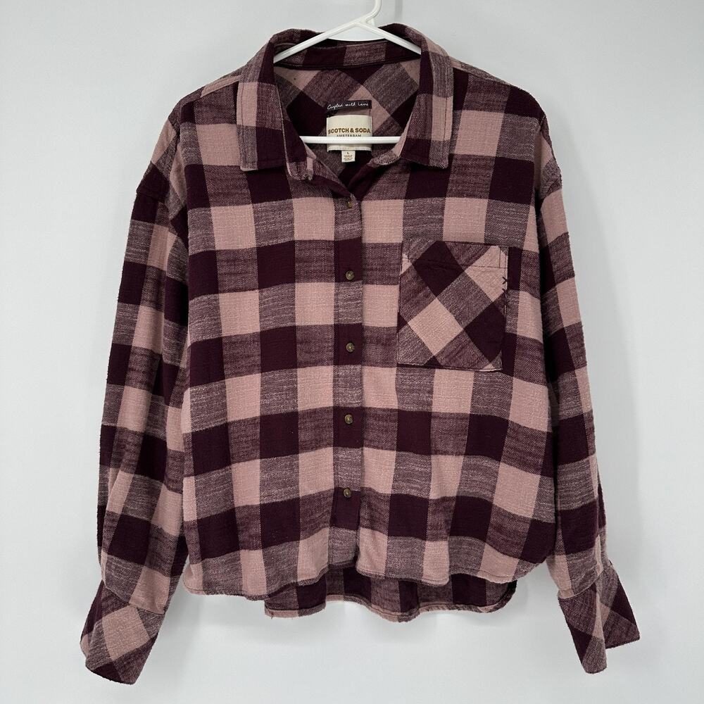 Scotch & Soda Womens LARGE Purple Plaid Flannel Shirt Button Down Cotton